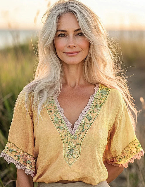 Women's Bohemian Retro Floral Linen-Blend T-Shirt