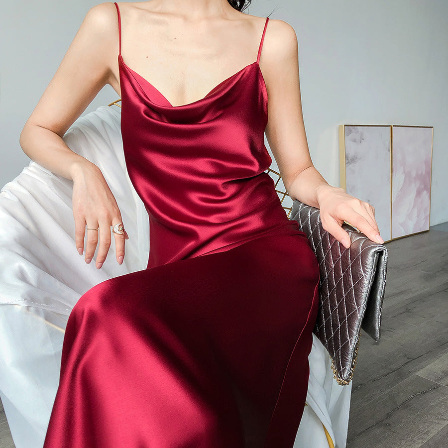 Sleek Acetate Satin Swing Neck Slip Dress