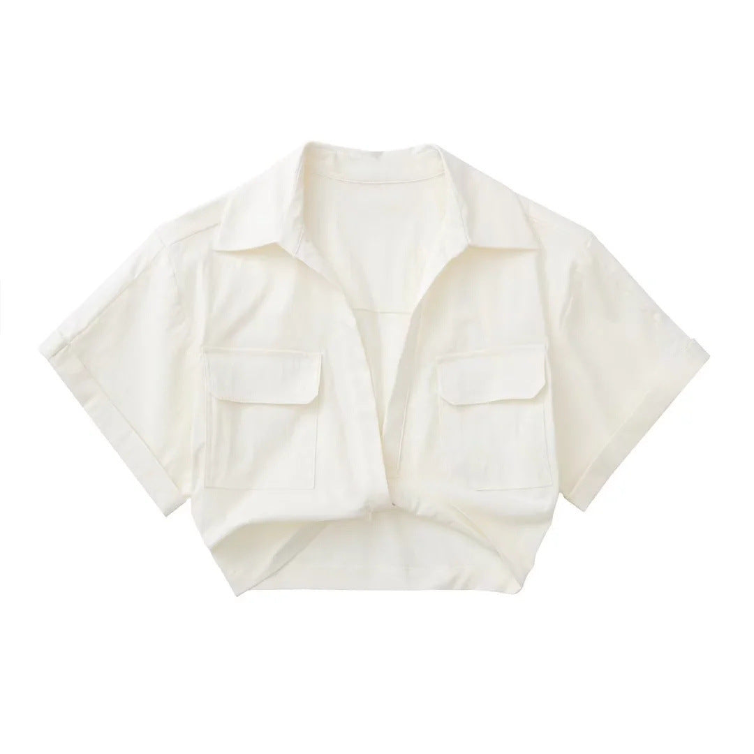 New Women's Stretch Linen Blend Cropped Shirt