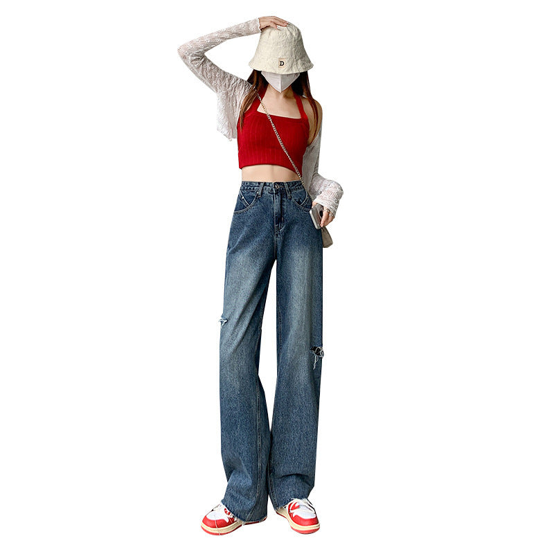 High Waist Loose Ripped Straight Jeans