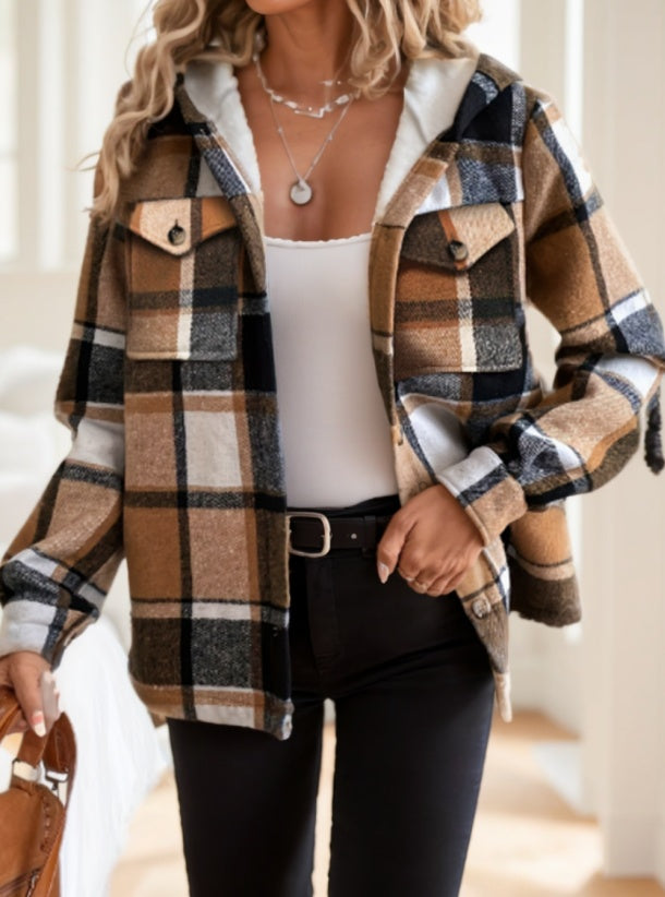Women's Plaid Hooded Jacket - Casual Long Sleeve Shacket With Button Front