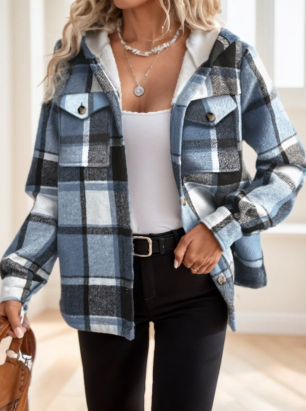 Women's Plaid Hooded Jacket - Casual Long Sleeve Shacket With Button Front