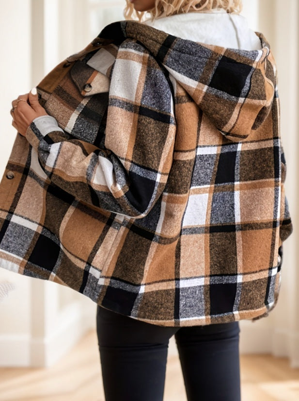 Women's Plaid Hooded Jacket - Casual Long Sleeve Shacket With Button Front