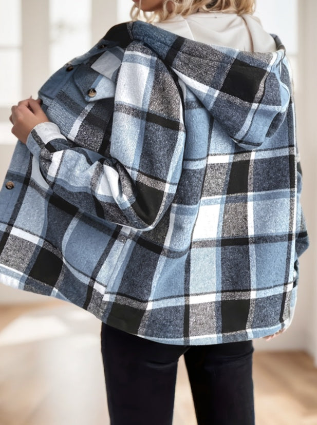 Women's Plaid Hooded Jacket - Casual Long Sleeve Shacket With Button Front