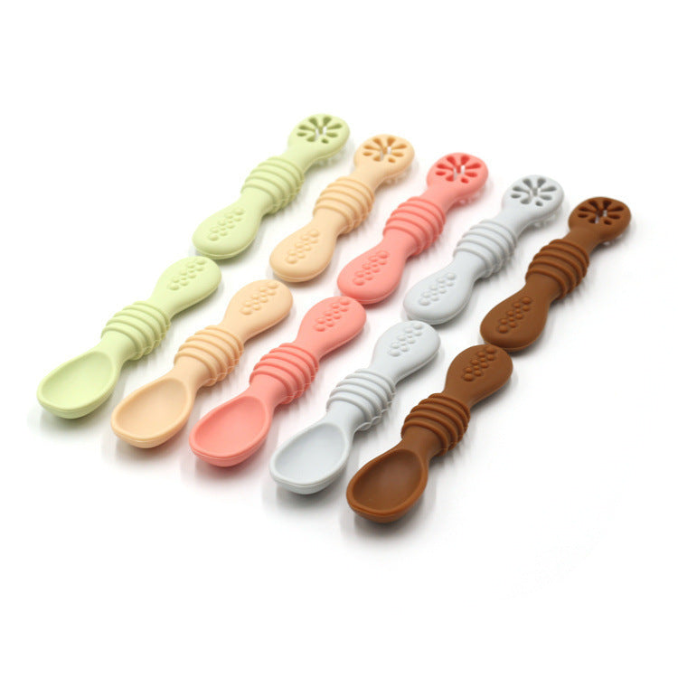 Baby Eating Training Set Toddler Feeding Silicone Sticky Spoon Fork