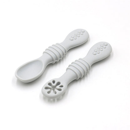 Baby Eating Training Set Toddler Feeding Silicone Sticky Spoon Fork